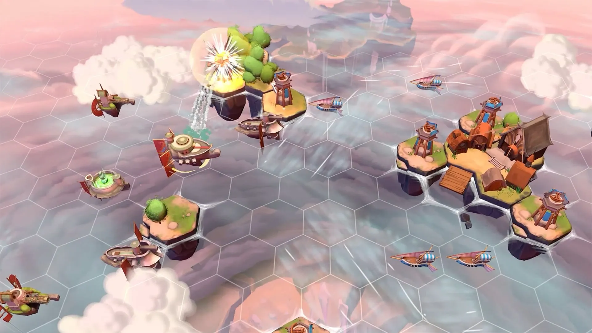 A fleet of airships battling around floating island towns on a hex grid