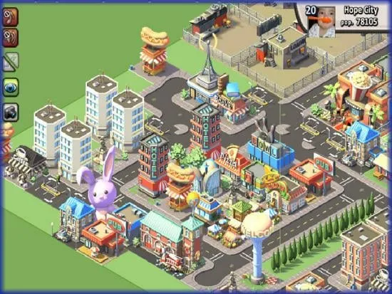 A player's city, with a giant bunny statue among the buildings