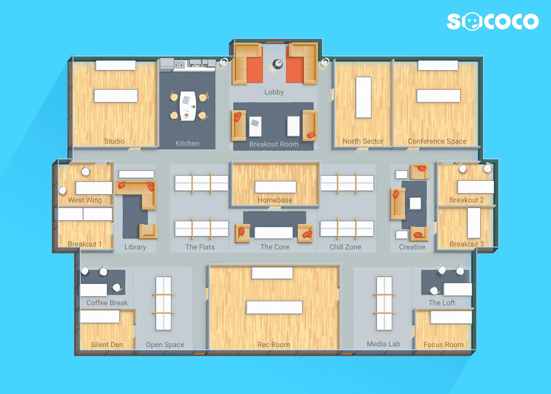 A Sococo office floor plan with named rooms and team members' avatars at their desks