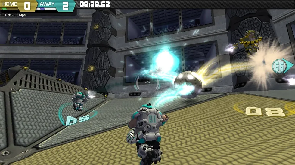 Armored players chasing the ball through a Rokkitball arena