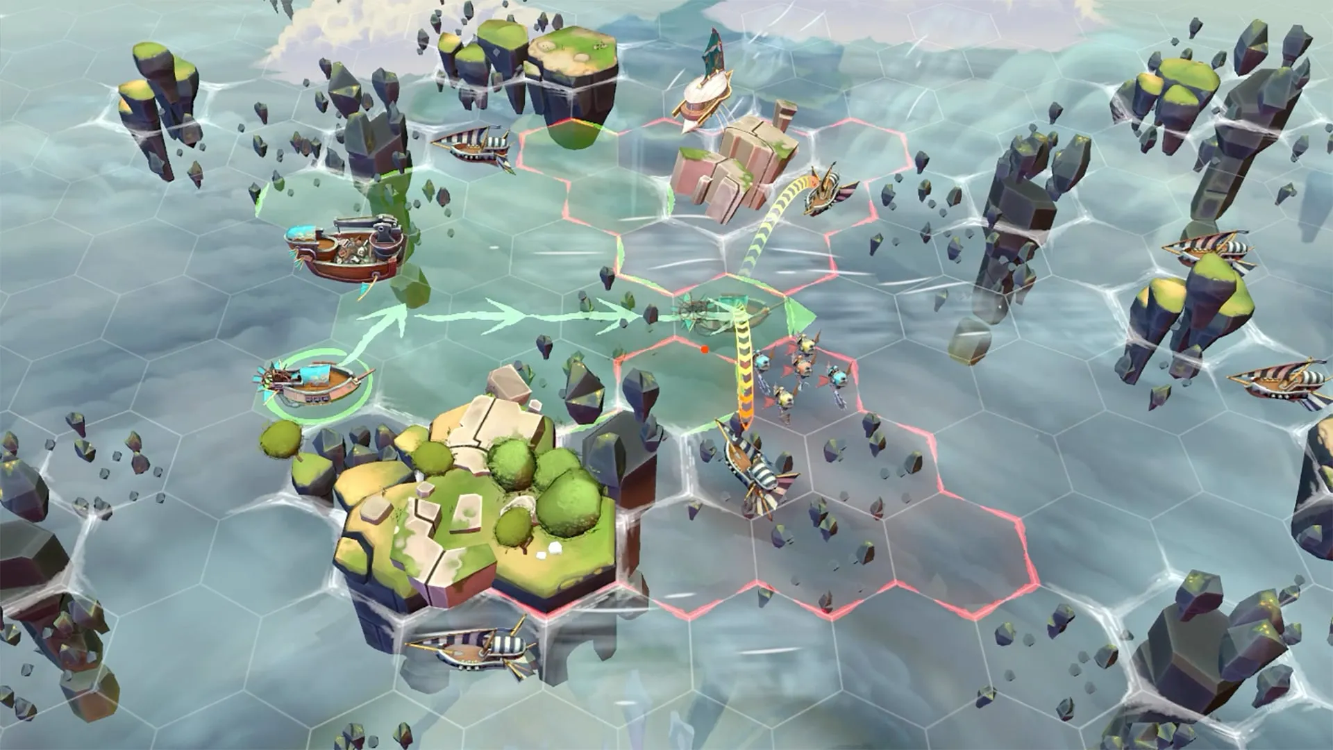 Movement paths plotted across the hex grid between rocky sky islands