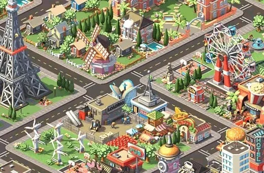 A Social City neighborhood with an Eiffel Tower replica, a windmill, and a Ferris wheel
