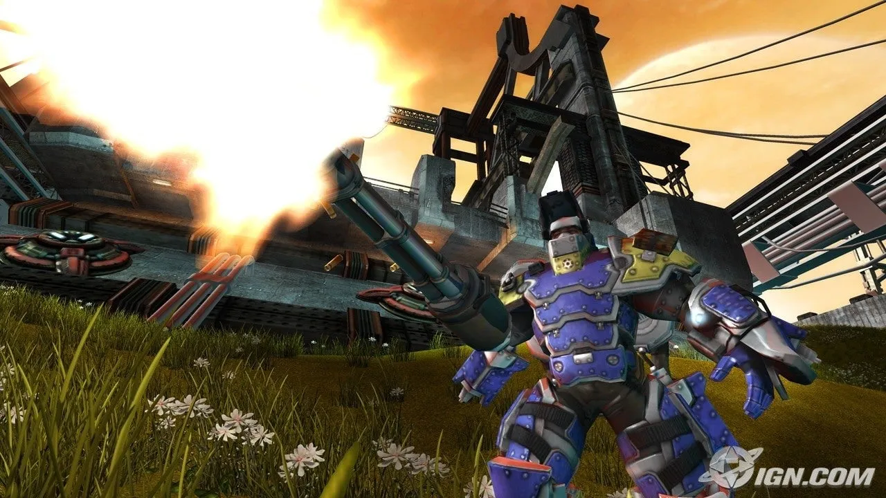 An armored soldier firing a chaingun in a grassy industrial landscape