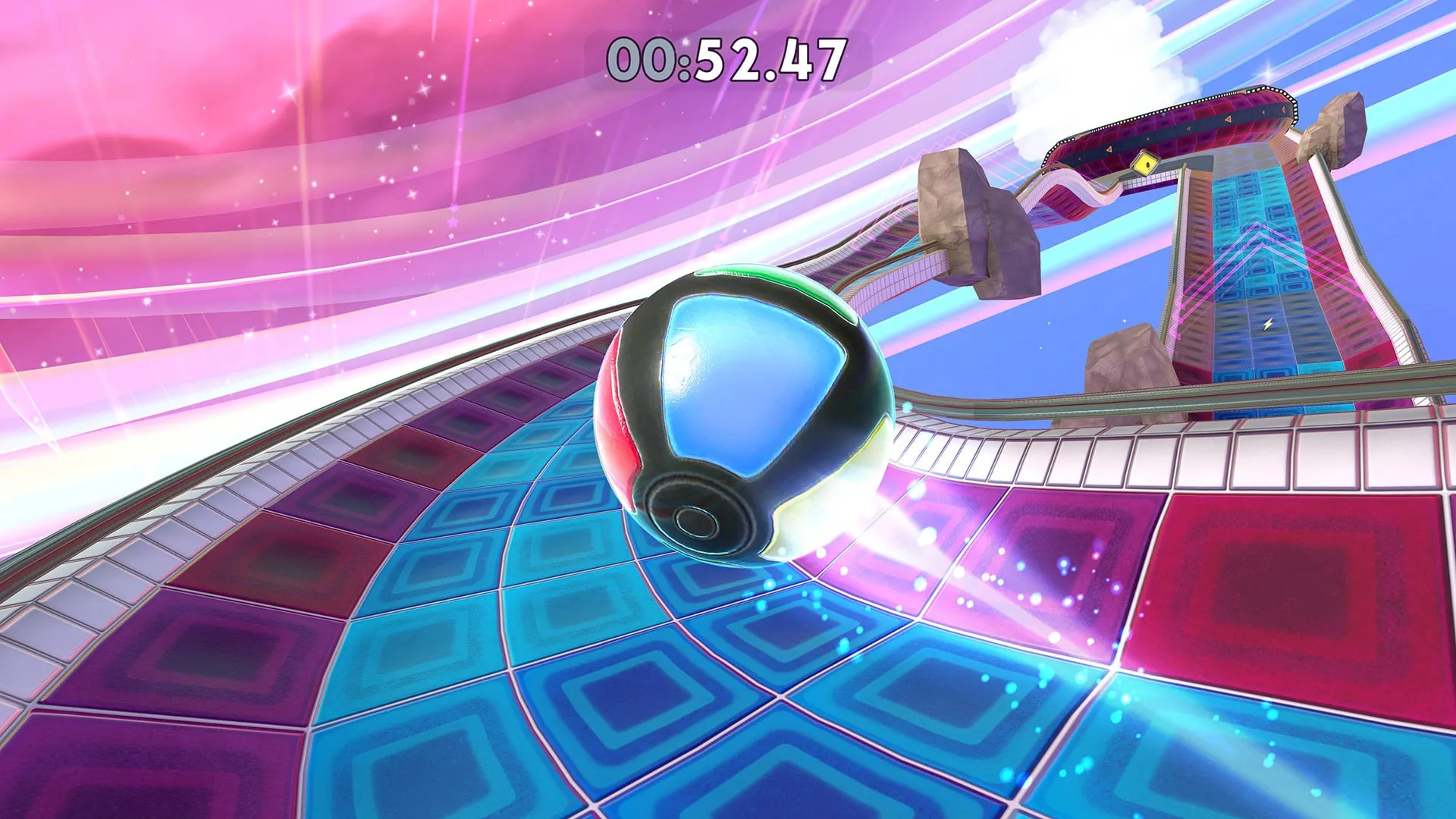 A glossy marble rolling along a curving neon track, with the race timer overhead