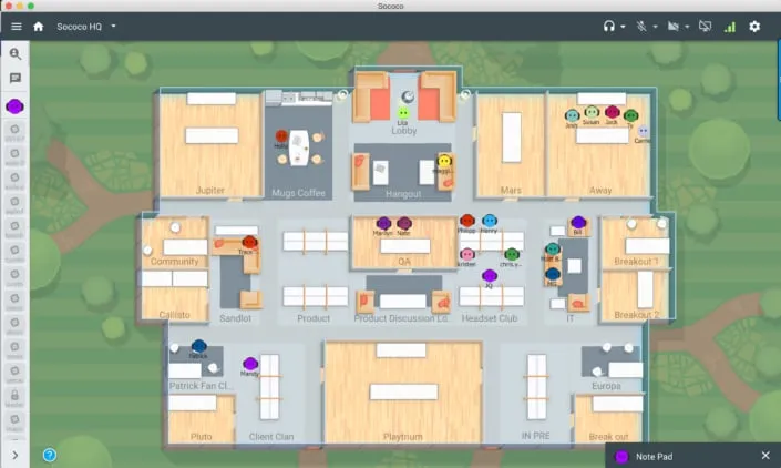 The Sococo desktop app showing a team's virtual office with people gathered in rooms