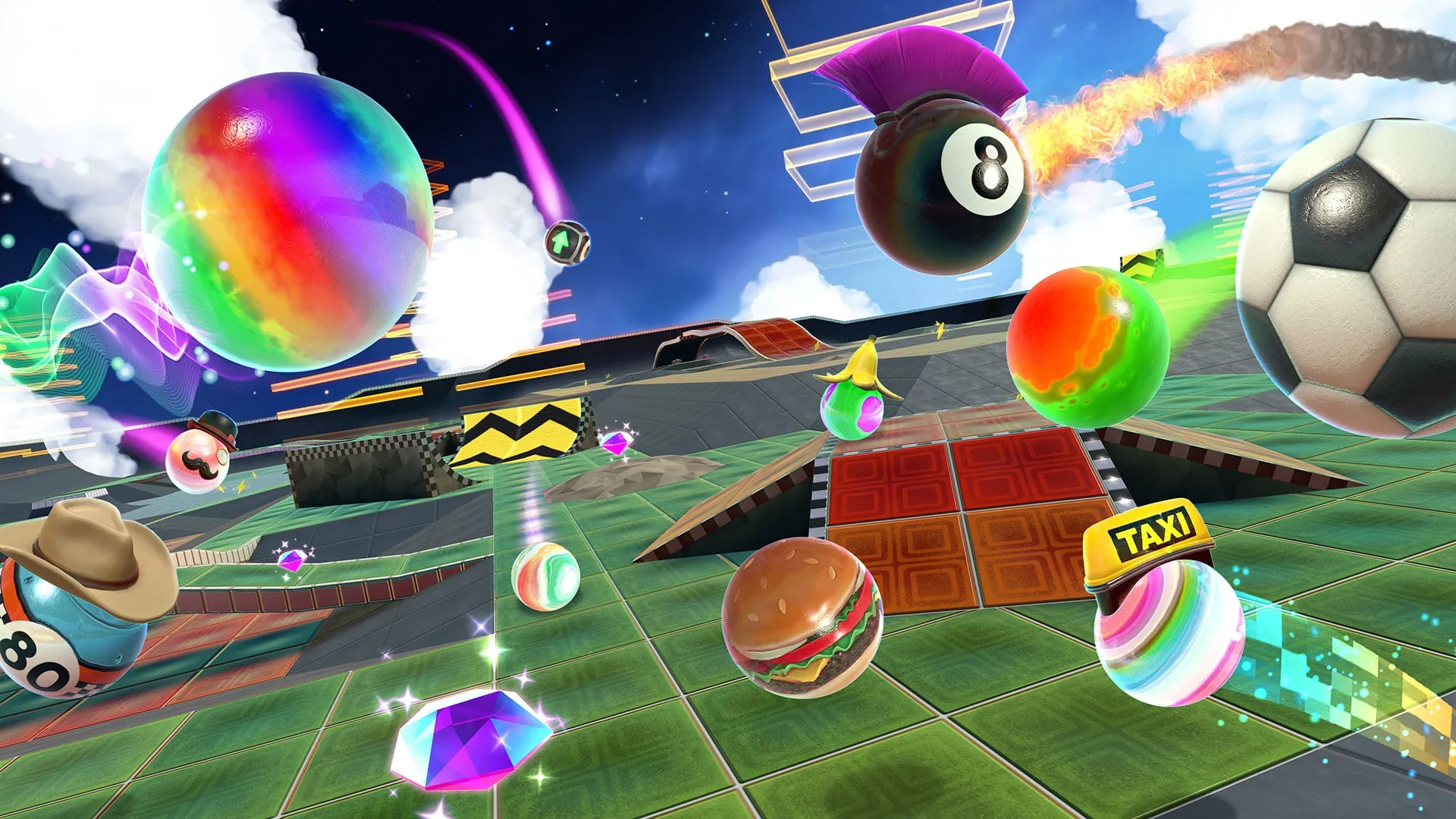 Marbles of every style, from an 8-ball to a hamburger, racing across a goal arena