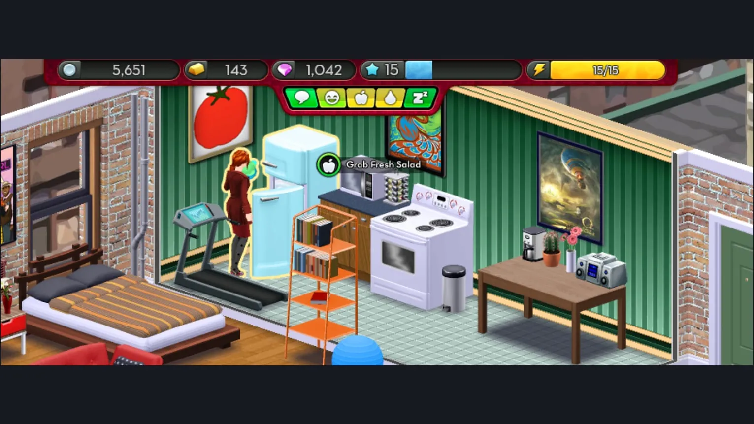 The player's avatar grabbing a snack in her apartment kitchen