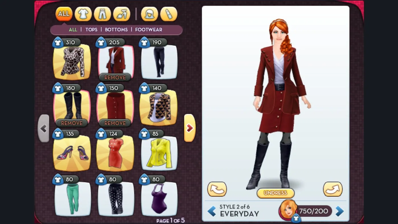 The wardrobe screen, with clothing on the left and a 3D avatar on the right