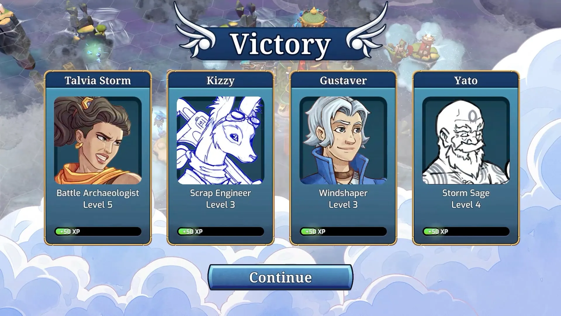 Victory screen showing four captains gaining experience: Talvia Storm, Kizzy, Gustaver, and Yato