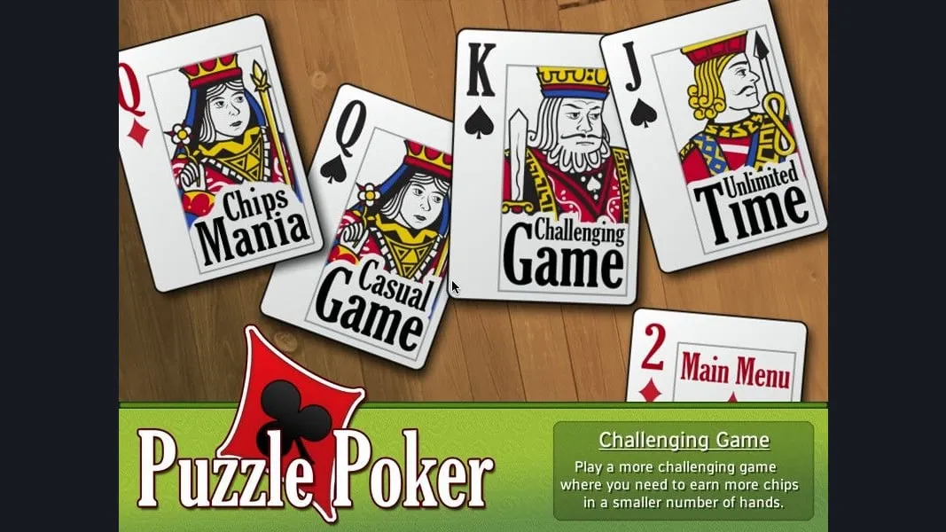 Puzzle Poker title screen with oversized playing cards for each game mode