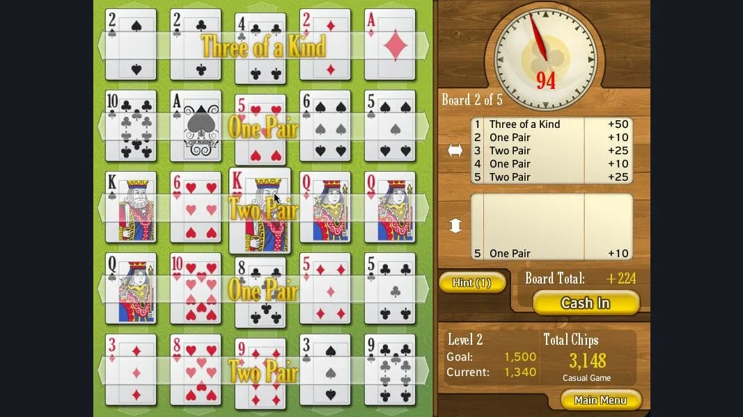 A Puzzle Poker board of playing cards arranged into poker hands, with a score panel