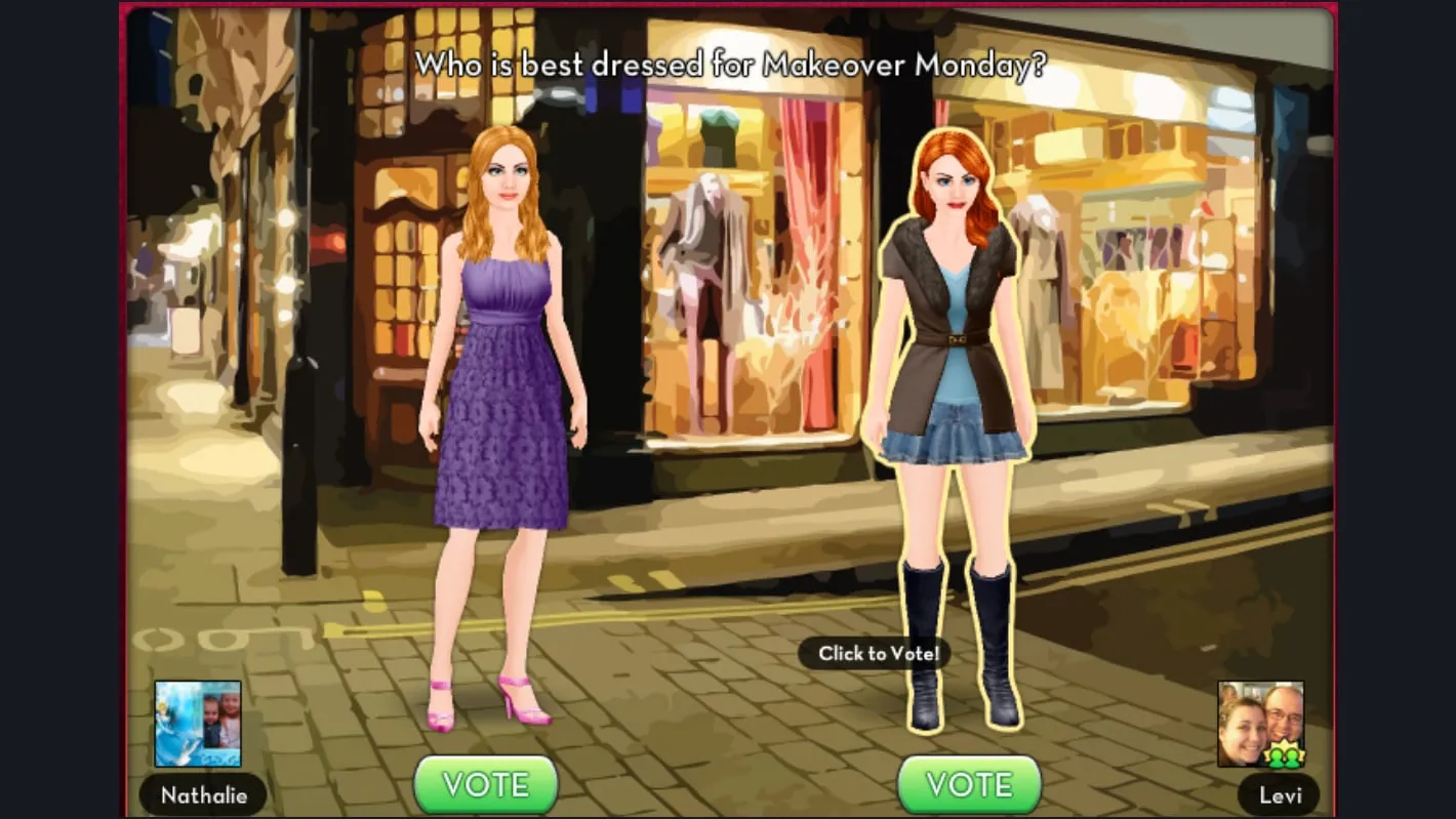 Two friends' avatars side by side in a street at night, with the prompt 'Who is best dressed for Makeover Monday?'