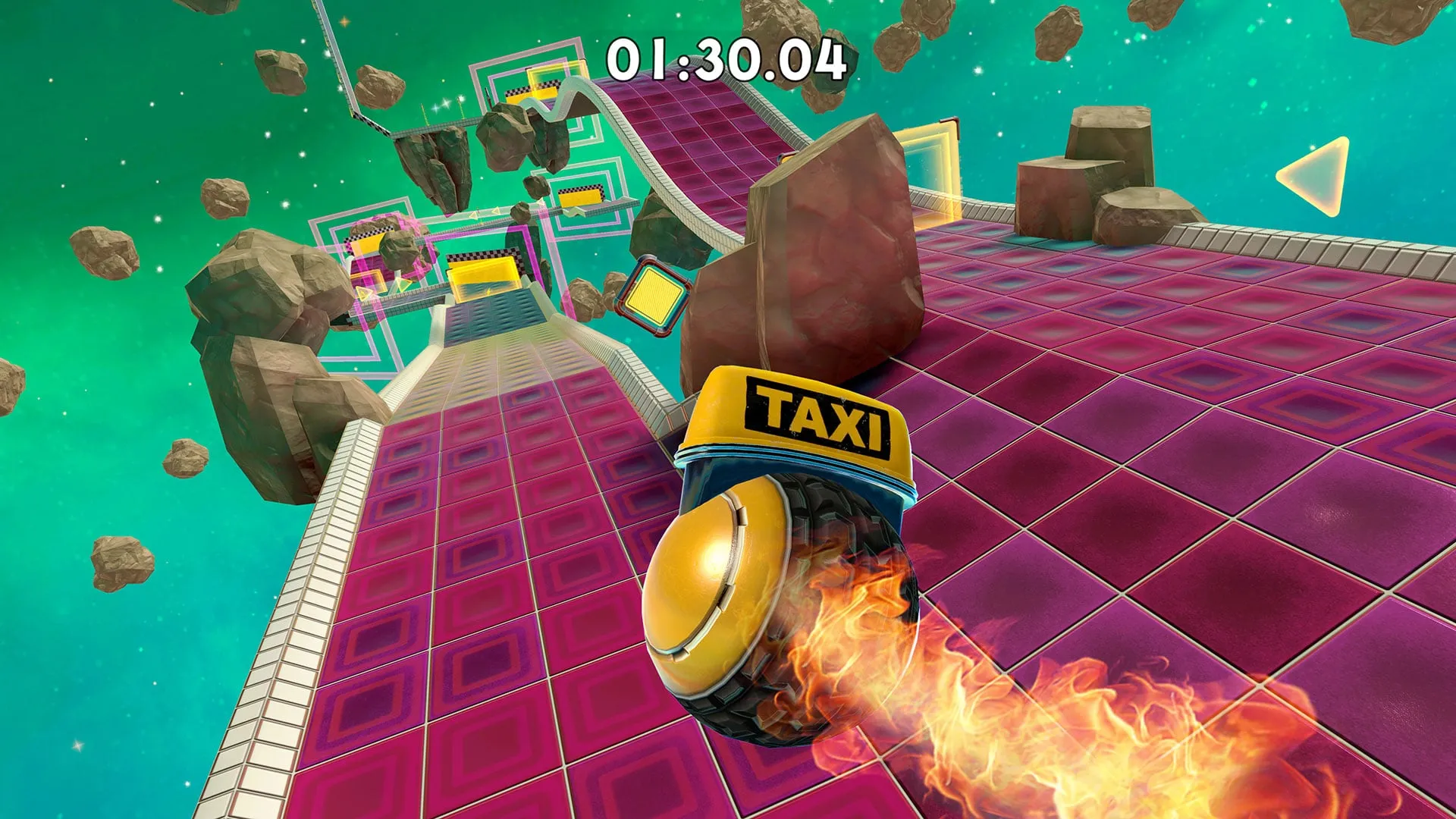 A taxi marble boosting with a trail of flame along a pink track in space