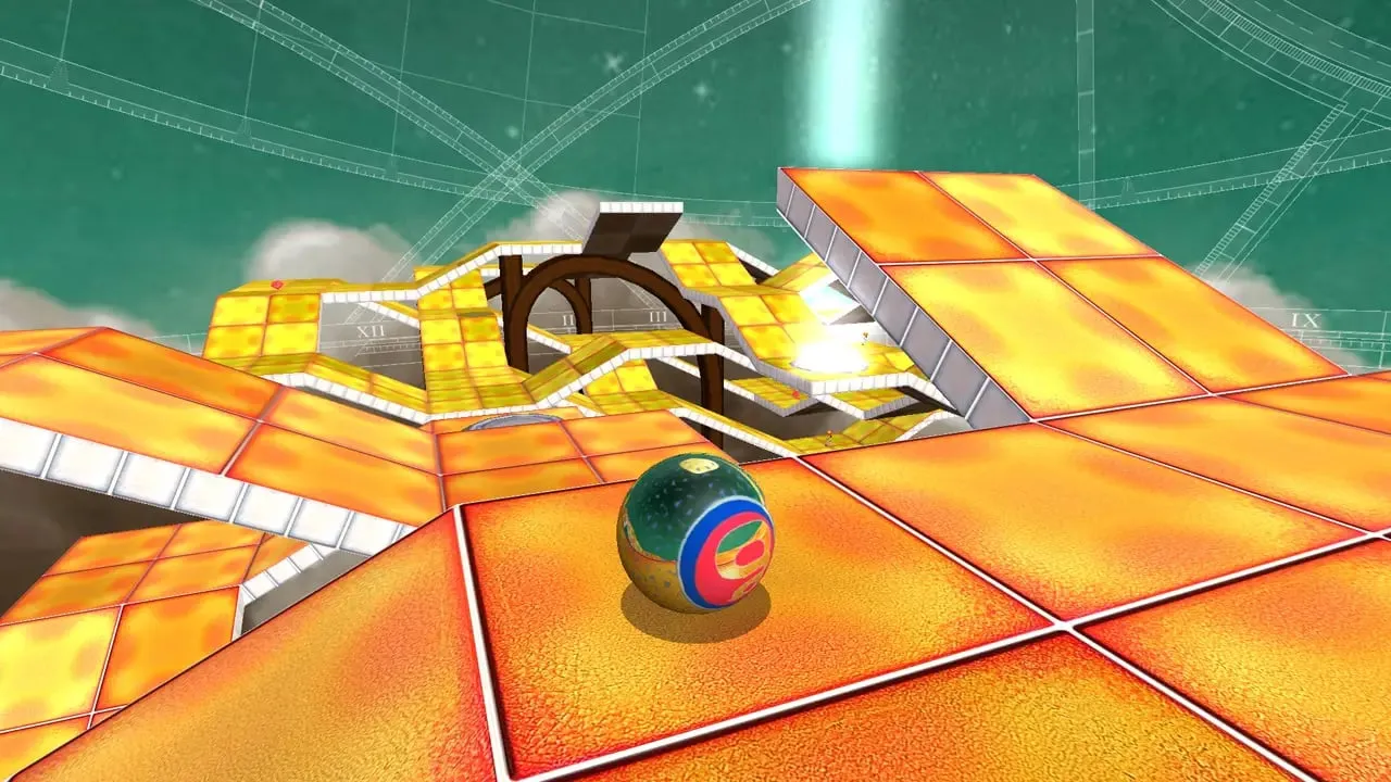A marble crossing a sunlit orange tiled course with ramps and arches