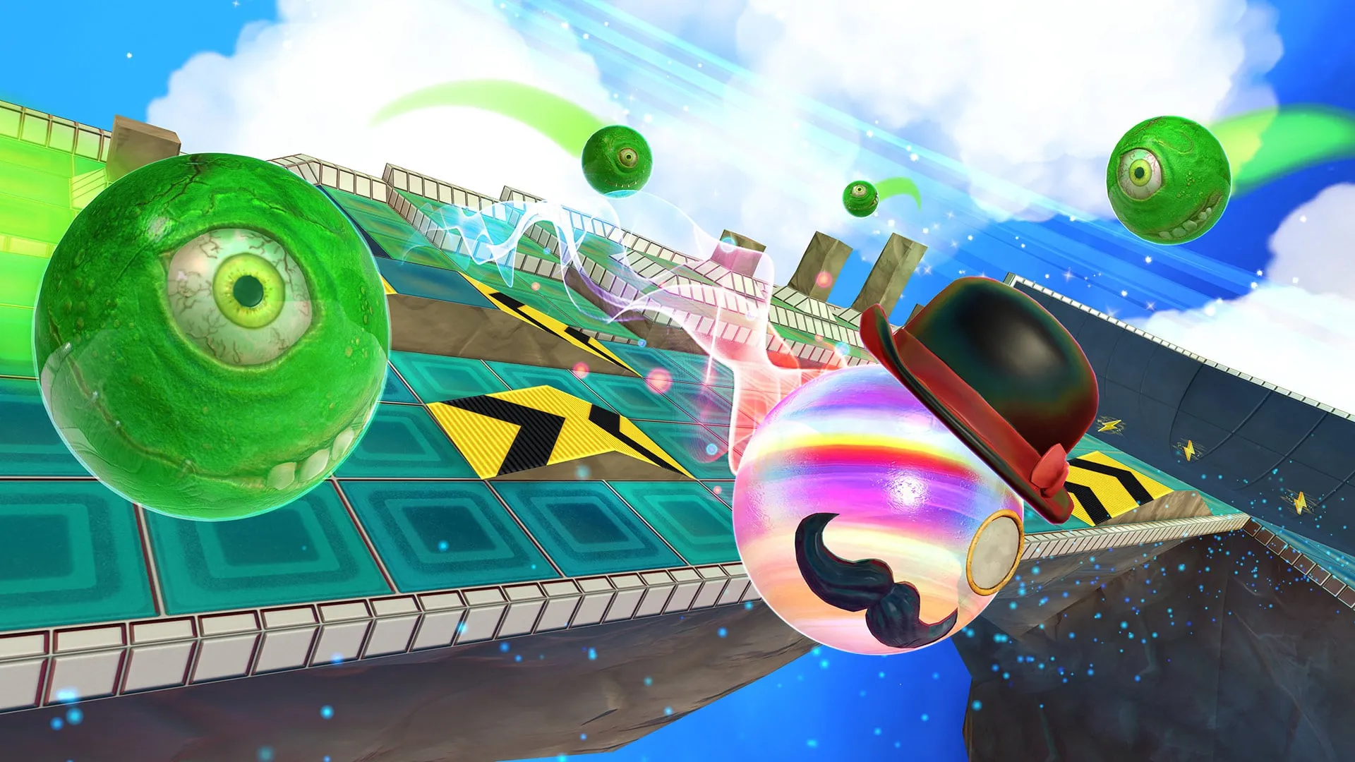 A mustached marble in a bowler hat rolling past a giant green eyeball marble