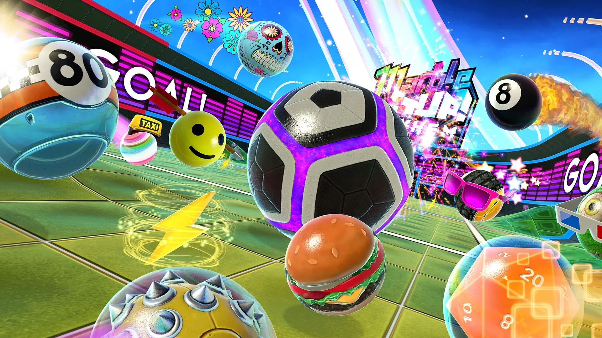 A lineup of character marbles, including a soccer ball, a hamburger, and an 8-ball, in a stadium