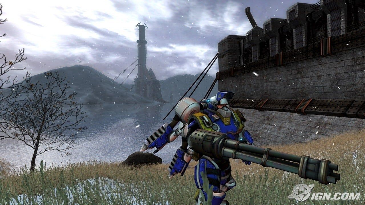 A heavily armored soldier with a chaingun on a snowy lakeshore