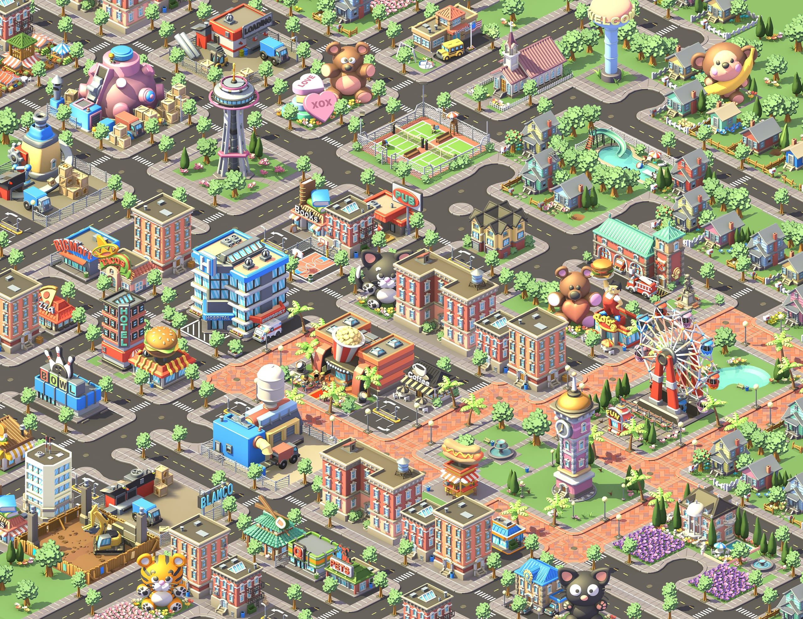 A sprawling Social City metropolis with landmarks, parks, and a Ferris wheel