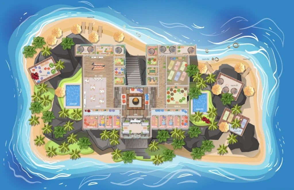 A custom Sococo virtual office laid out as a tropical island, with rooms, pools, and palm trees