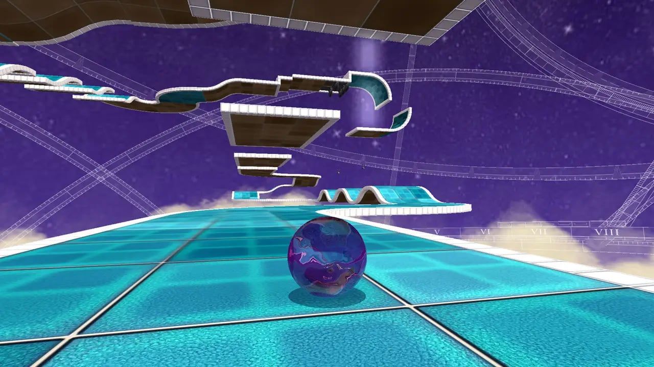 A marble rolling across a glowing glass track through a purple, star-filled sky